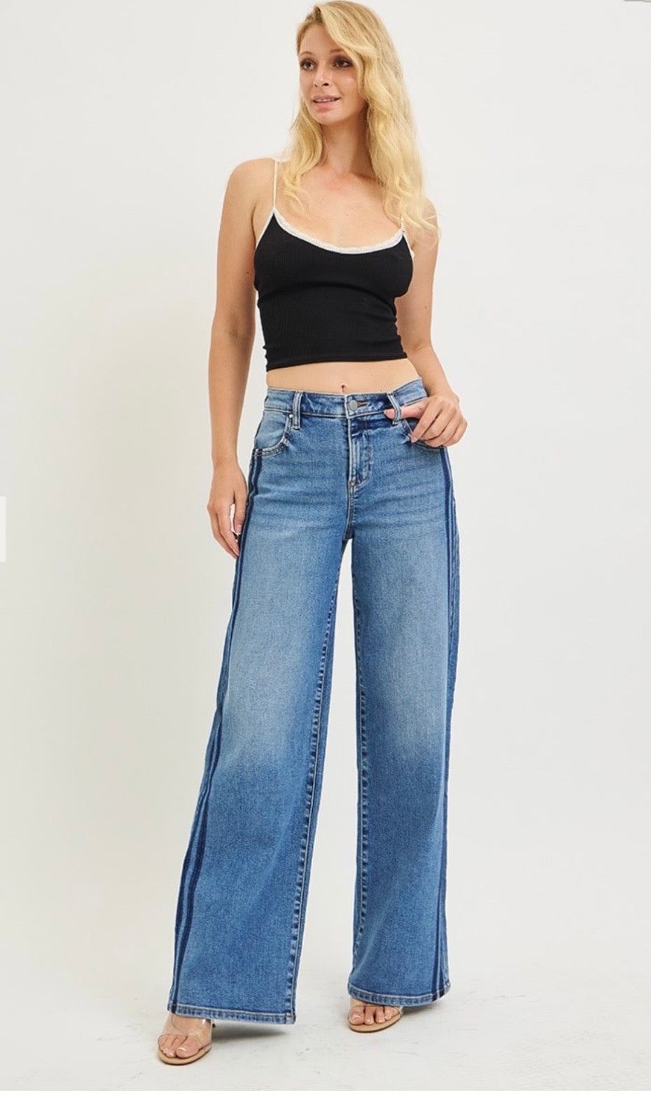 Risen Wide Leg Side Shadow Stripe Jeans