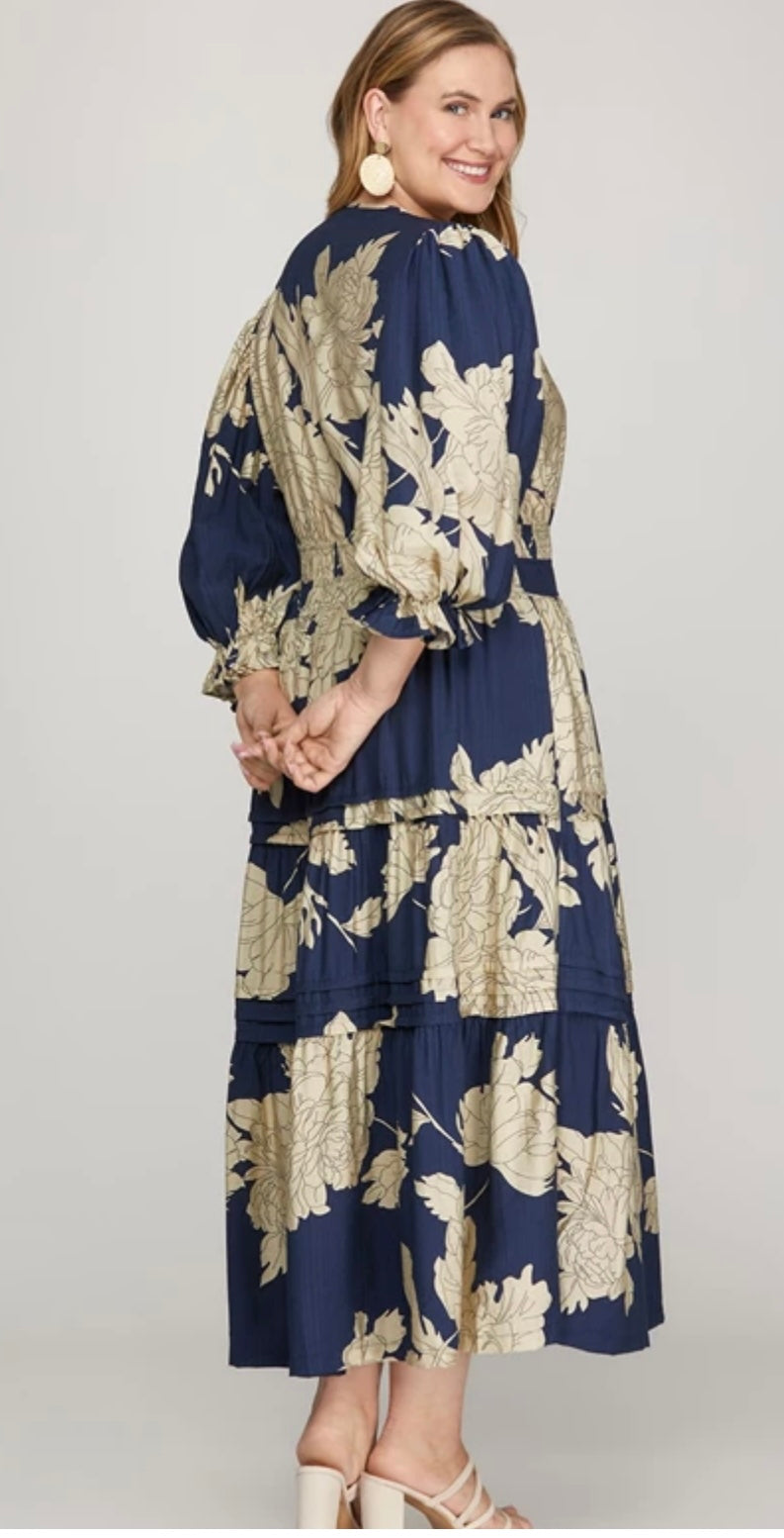 Curvy Tiered Floral Print Midi Dress