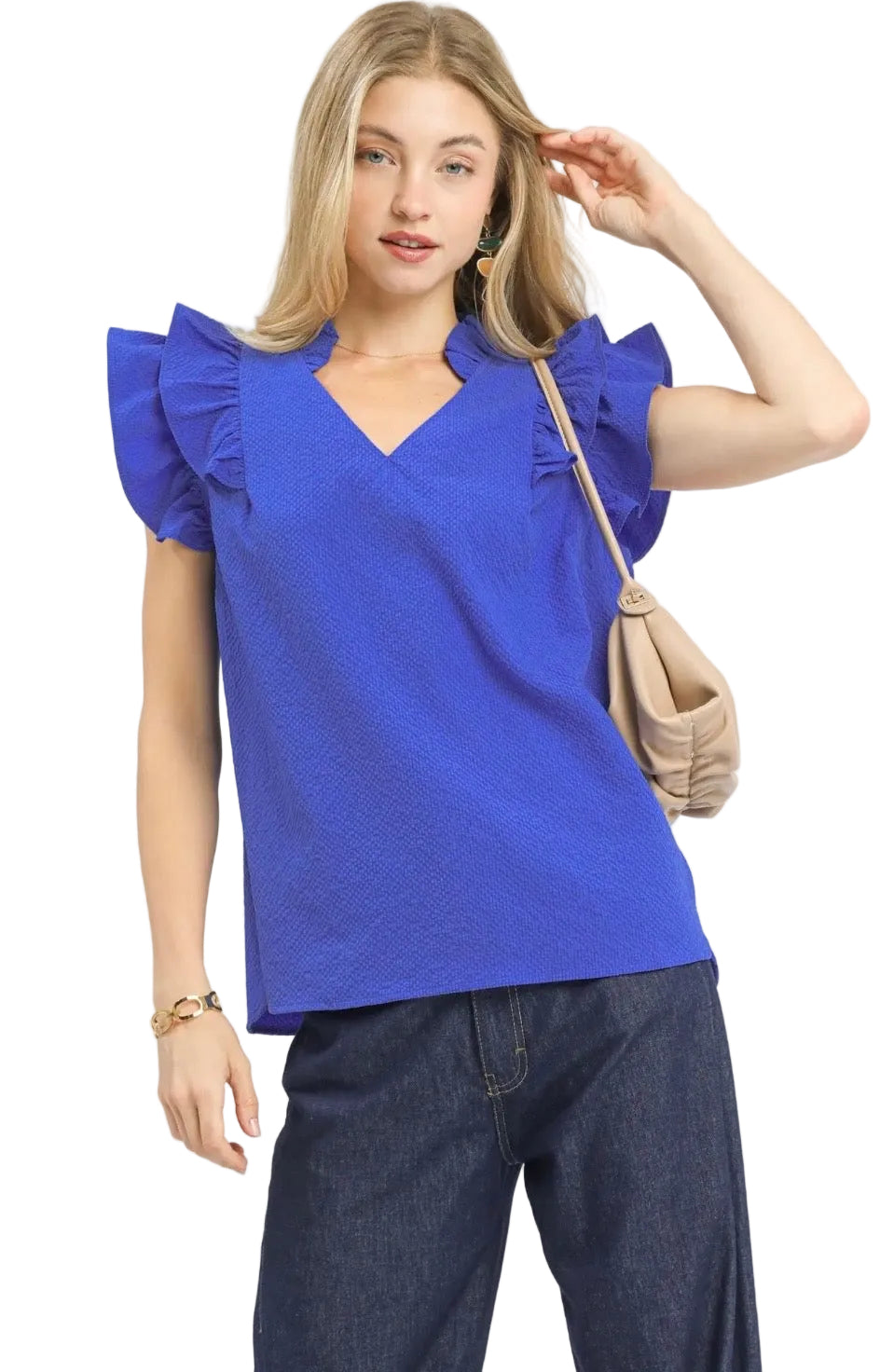 Textured Ruffle Sleeve V-neck Blouse