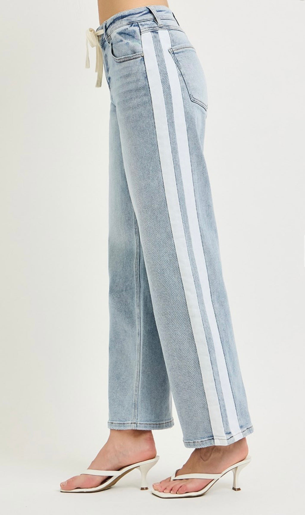 Risen Side White Stripe Drawstring Waist Jean