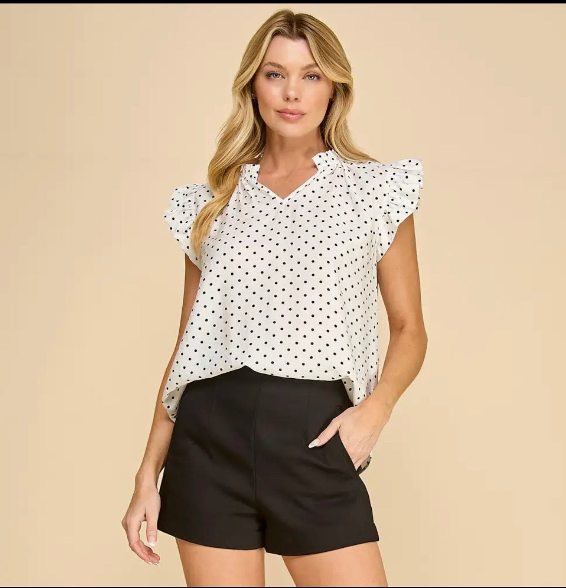 Polka Dot Ruffle Sleeve V-Neck Top