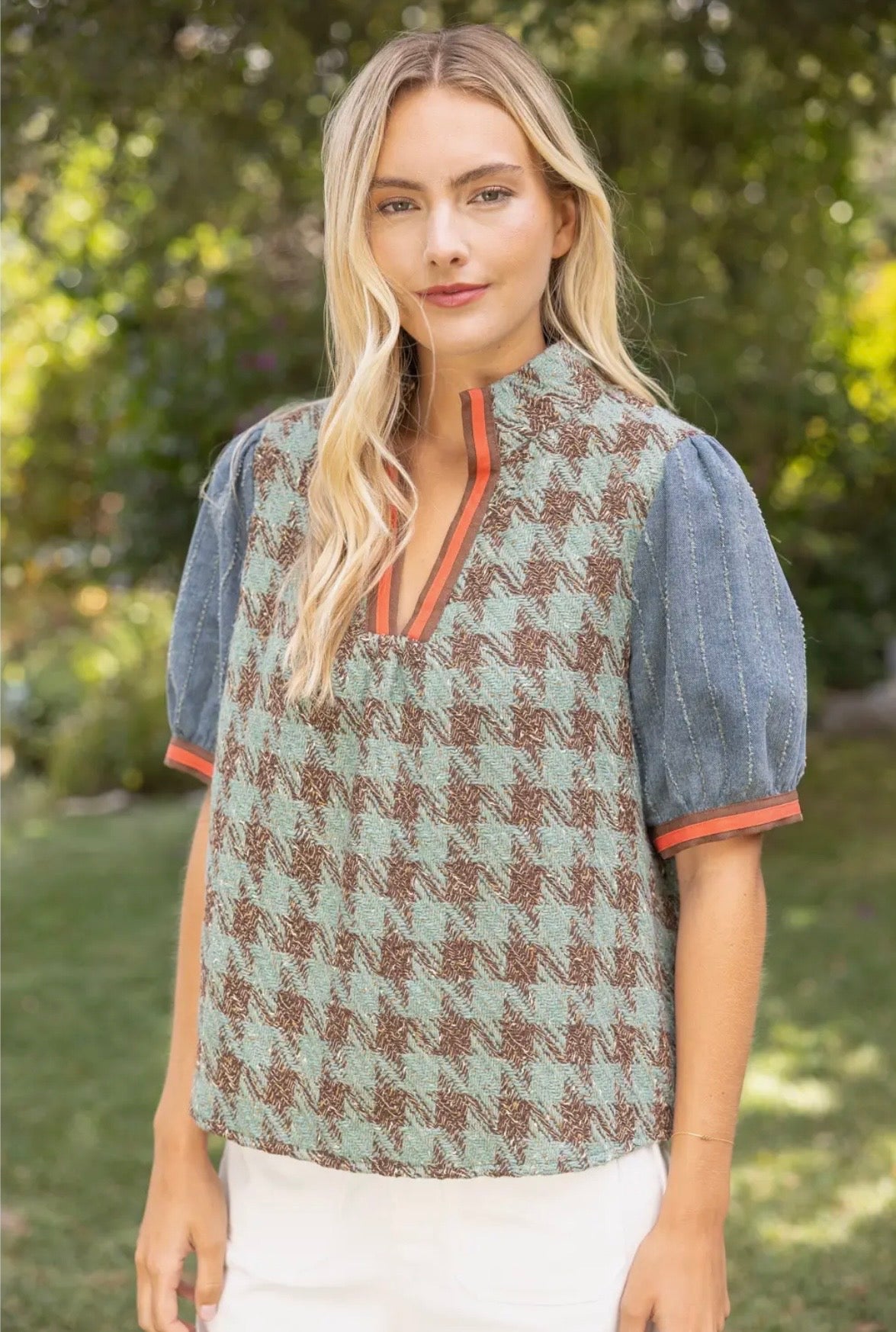 Stripe Denim Sleeve Houndstooth Tweed Top
