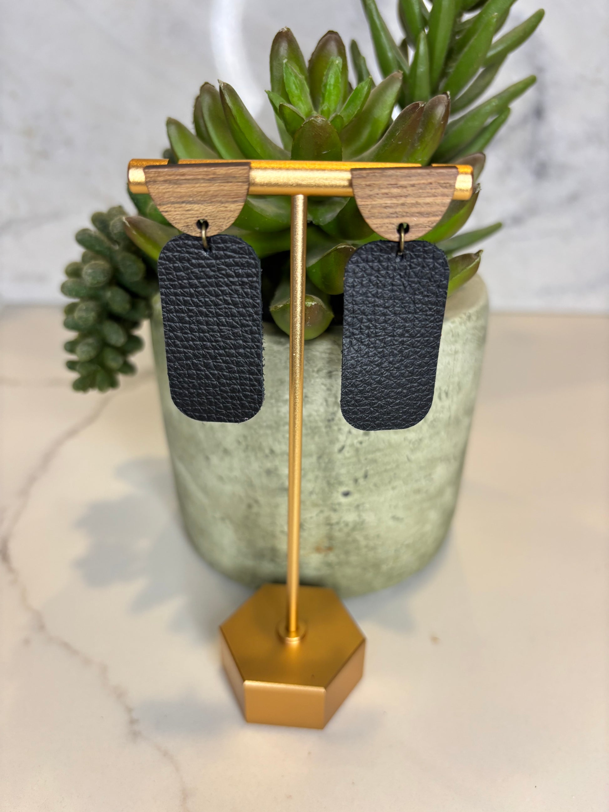 Rectangle black leather earrings