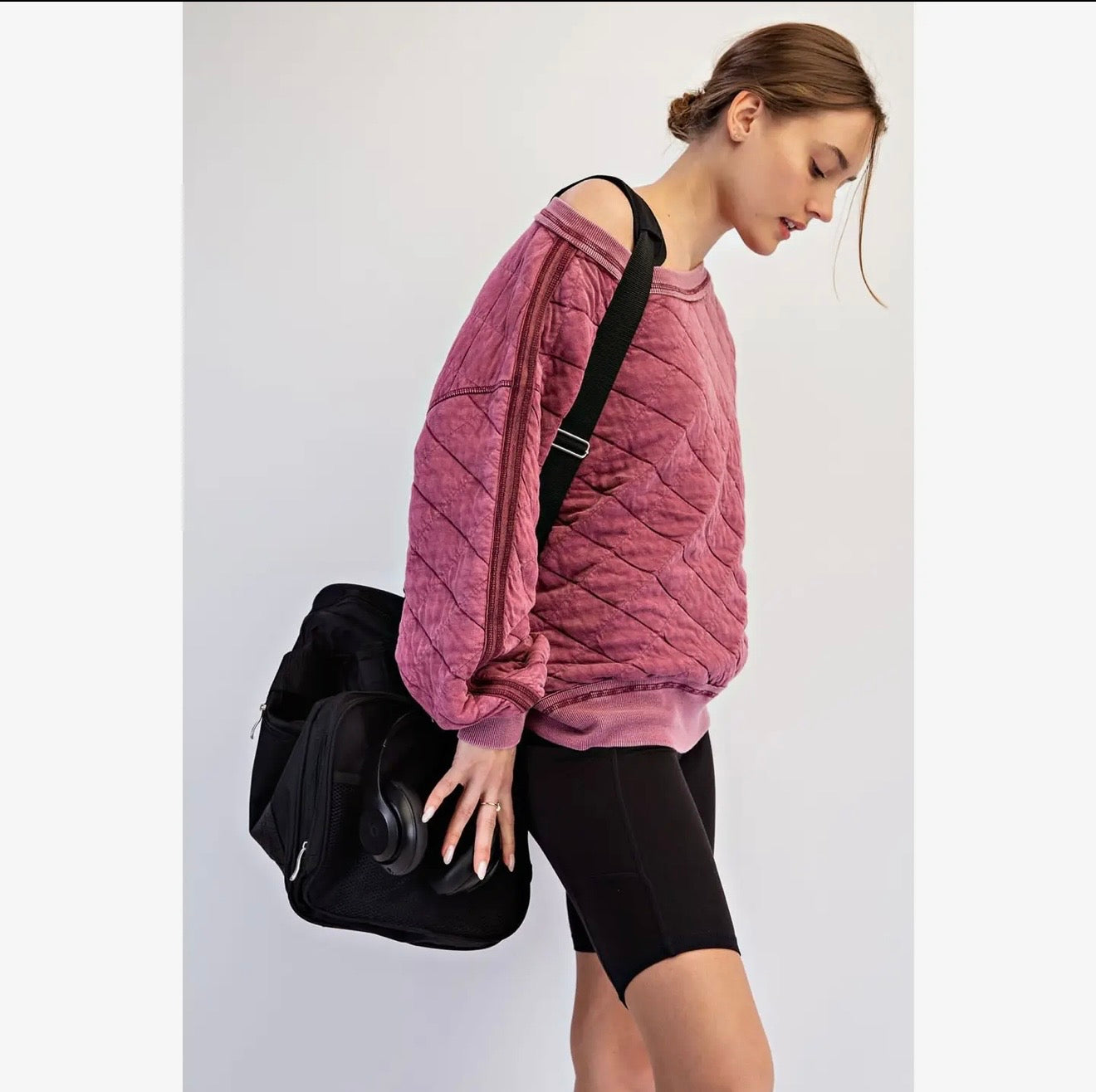 Mineral Wash Quilted Off Shoulder Sweatshirt