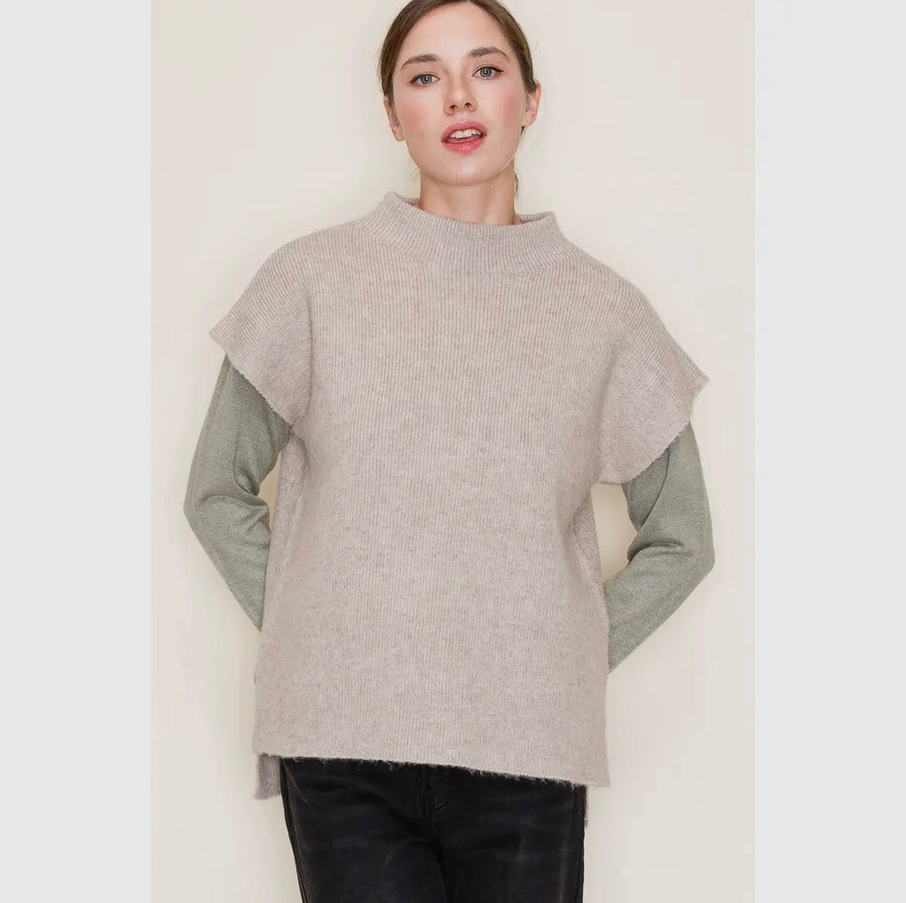 Short Sleeve Mock Neck Drop Shoulder Sweater
