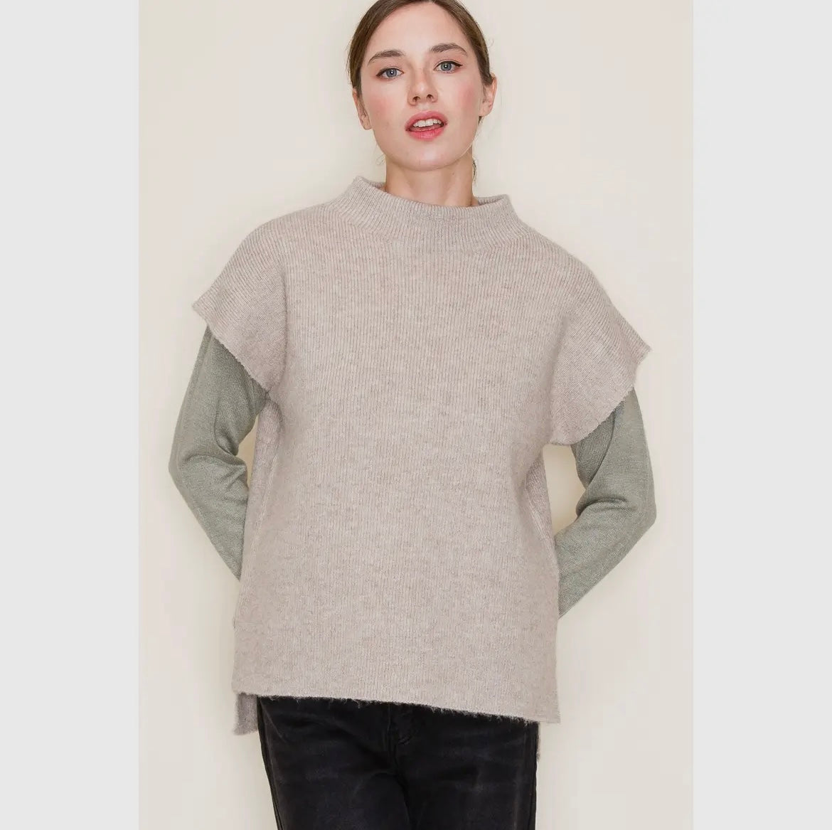Short Sleeve Mock Neck Drop Shoulder Sweater
