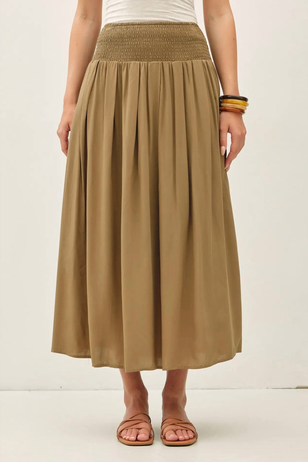 Smocked Waist Midi Skirt with Pockets