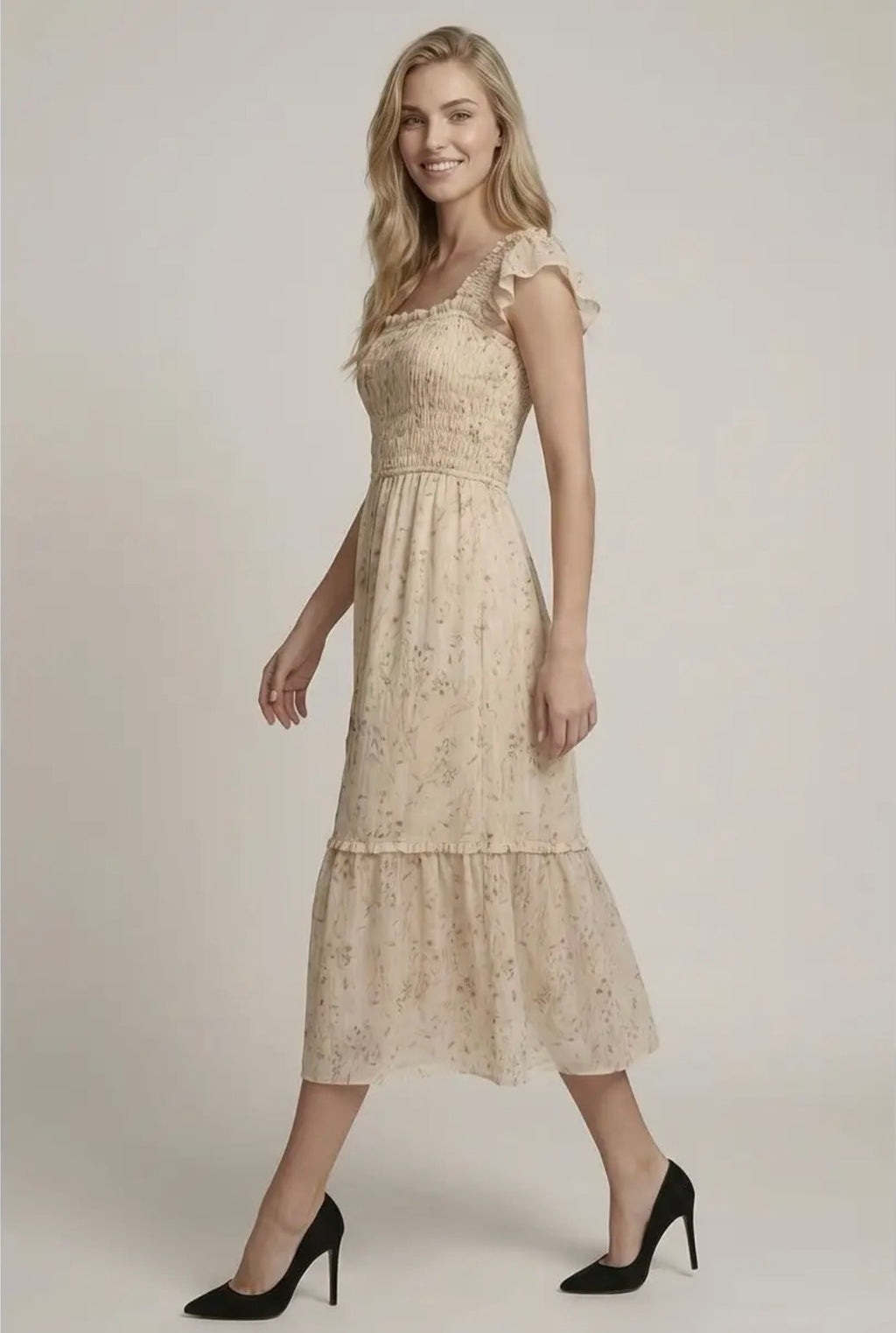 Smocked Bodice Floral Midi Dress
