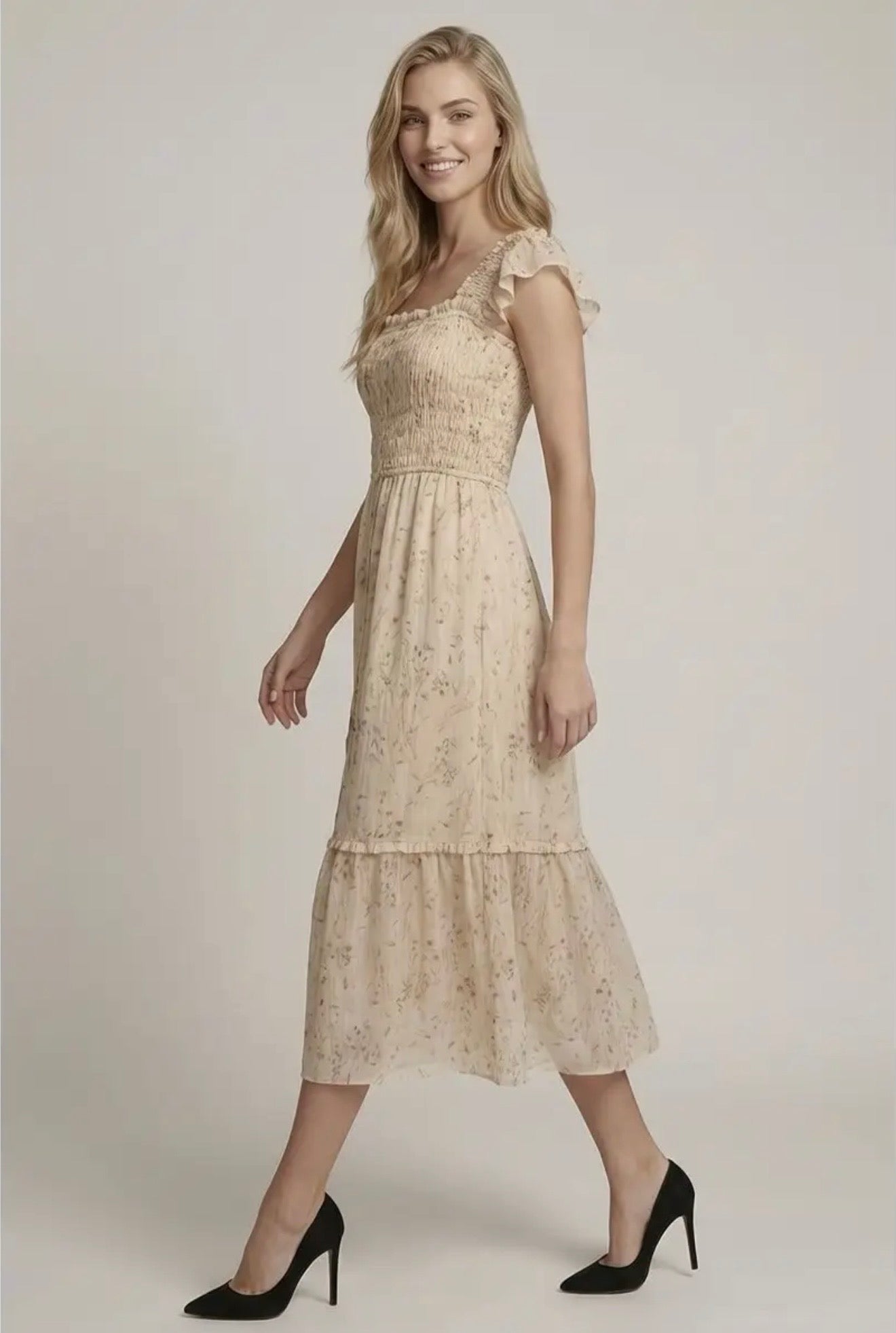 Smocked Bodice Floral Midi Dress