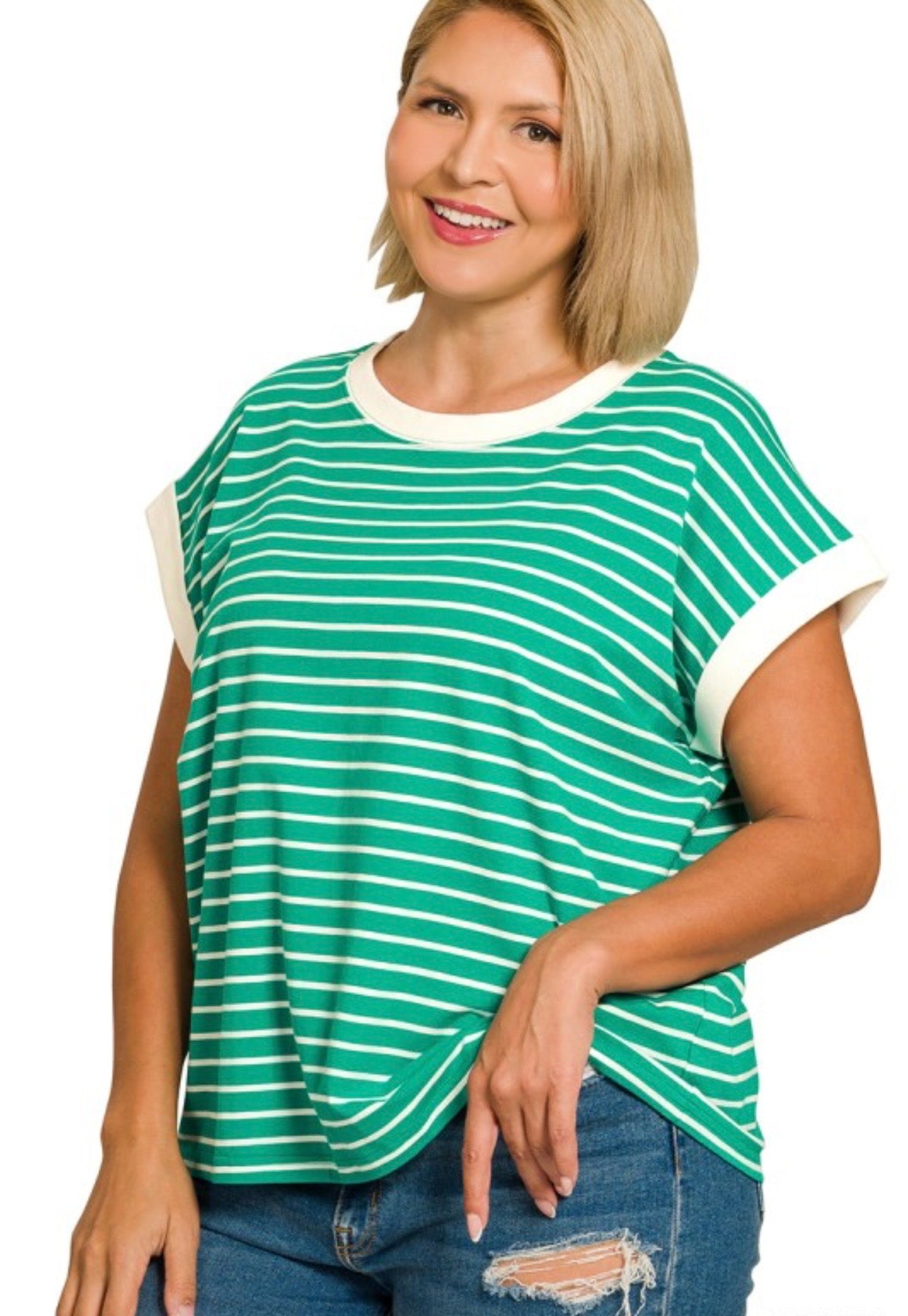 Curvy Contrast Trim Cap Sleeve Stripe Tee