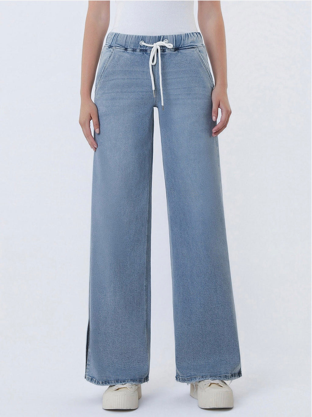 Lovervet High Rise Drawstring Waist Side Slit Wide Leg Tencel Jean