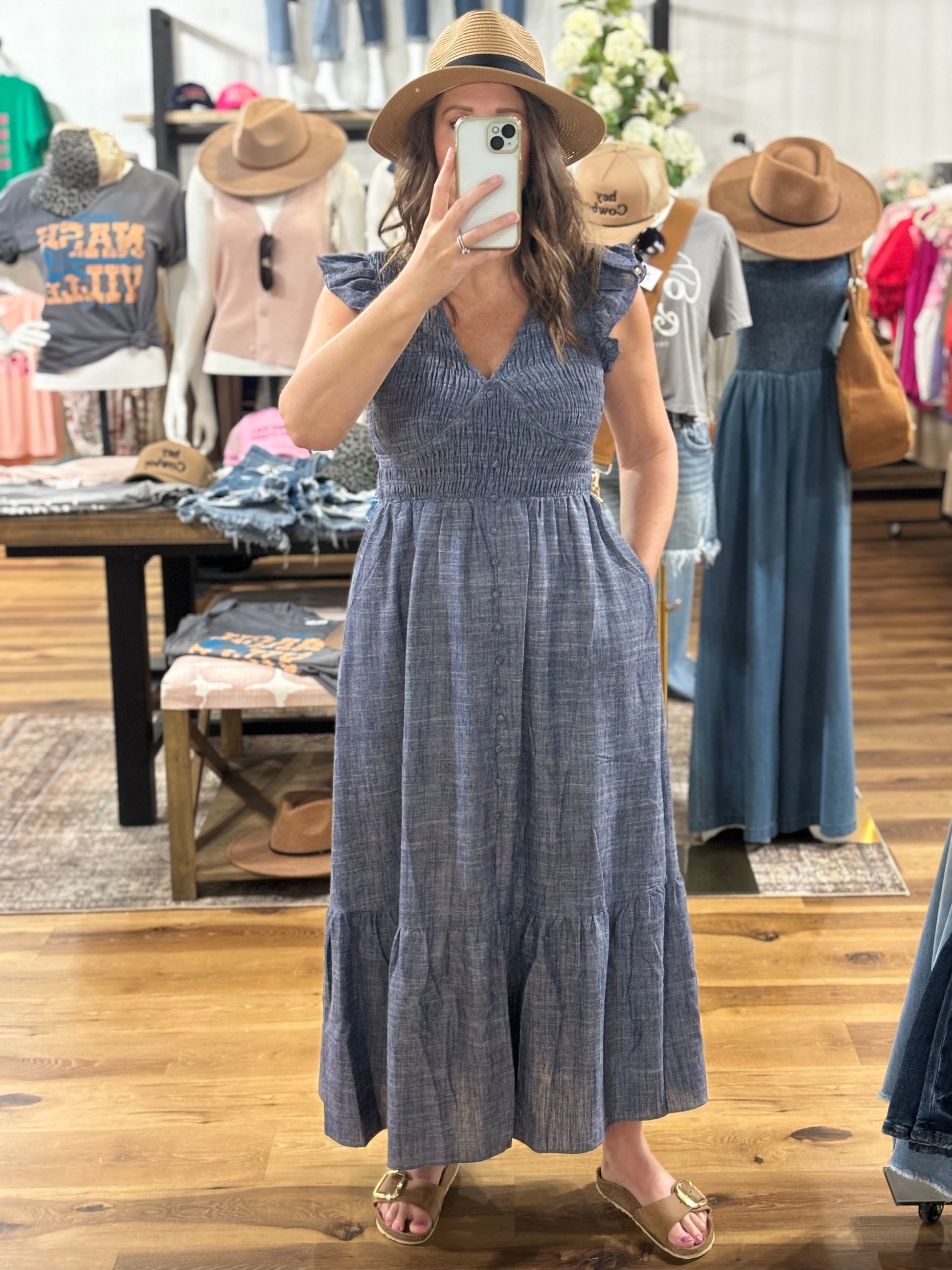 Smocked Bodice Linen Chambray Dress