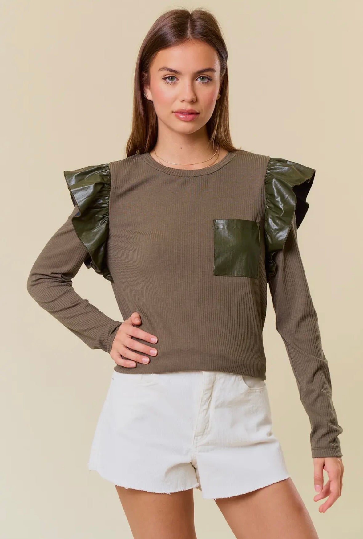 ROUND NECK RUFFLED LONG SLEEVE TOP