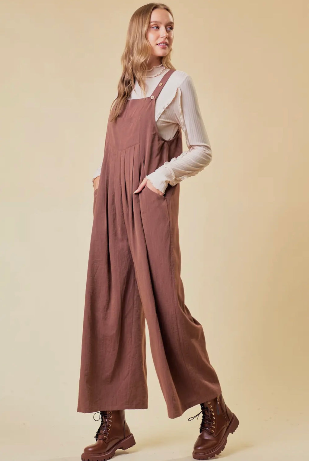 Button strap pocket wide leg overalls