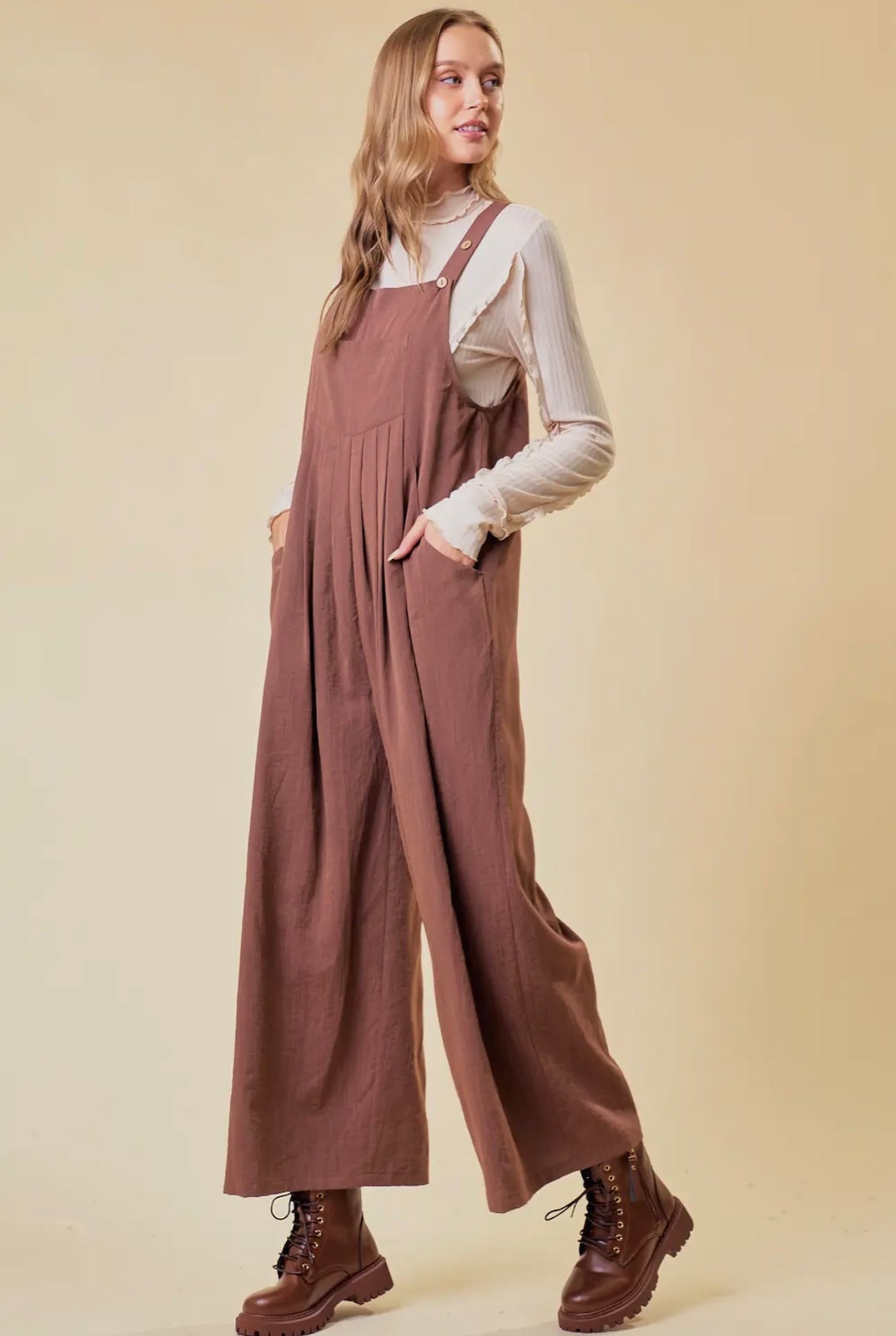 Button strap pocket wide leg overalls