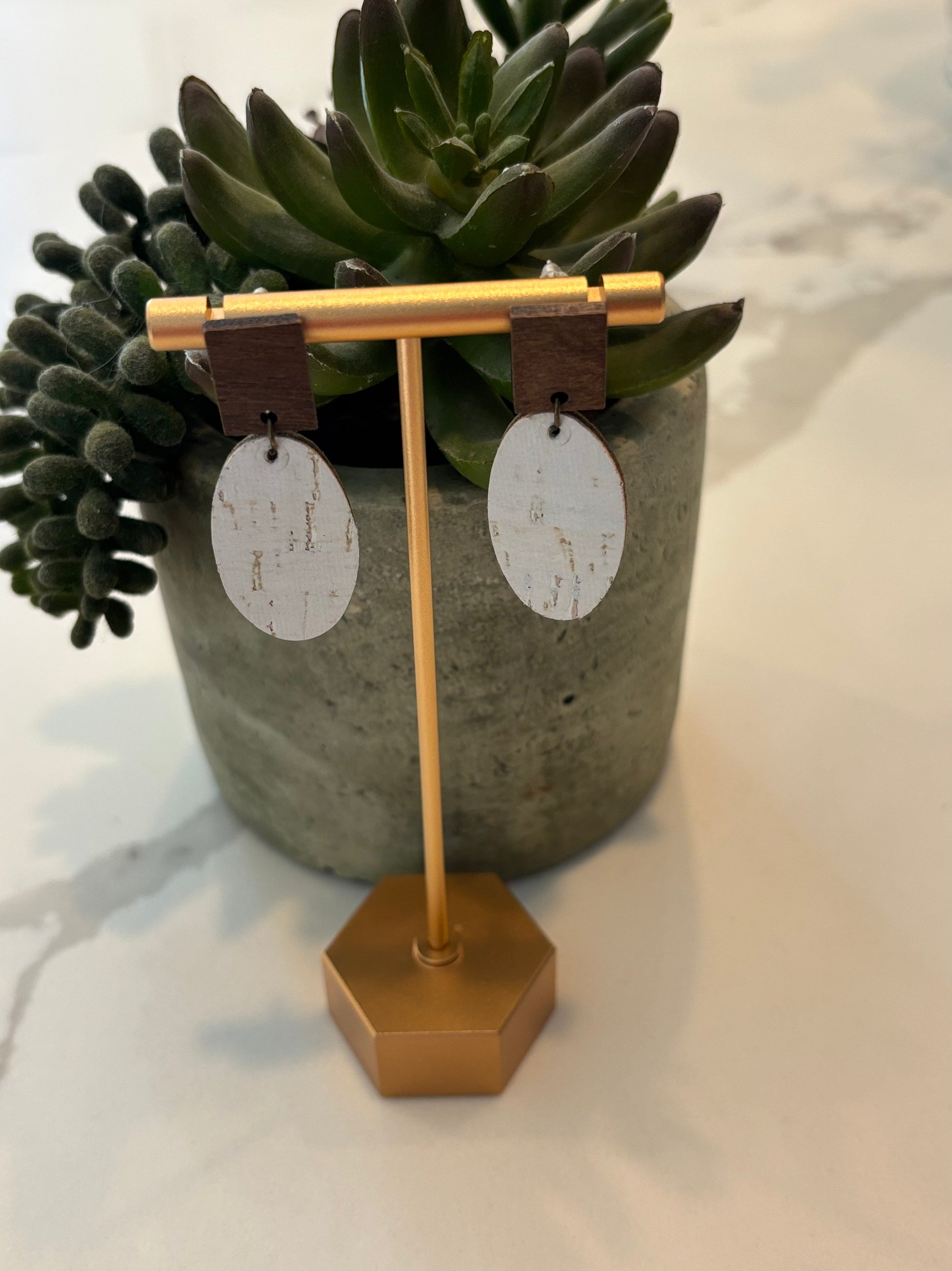 Oval White cork leather earrings