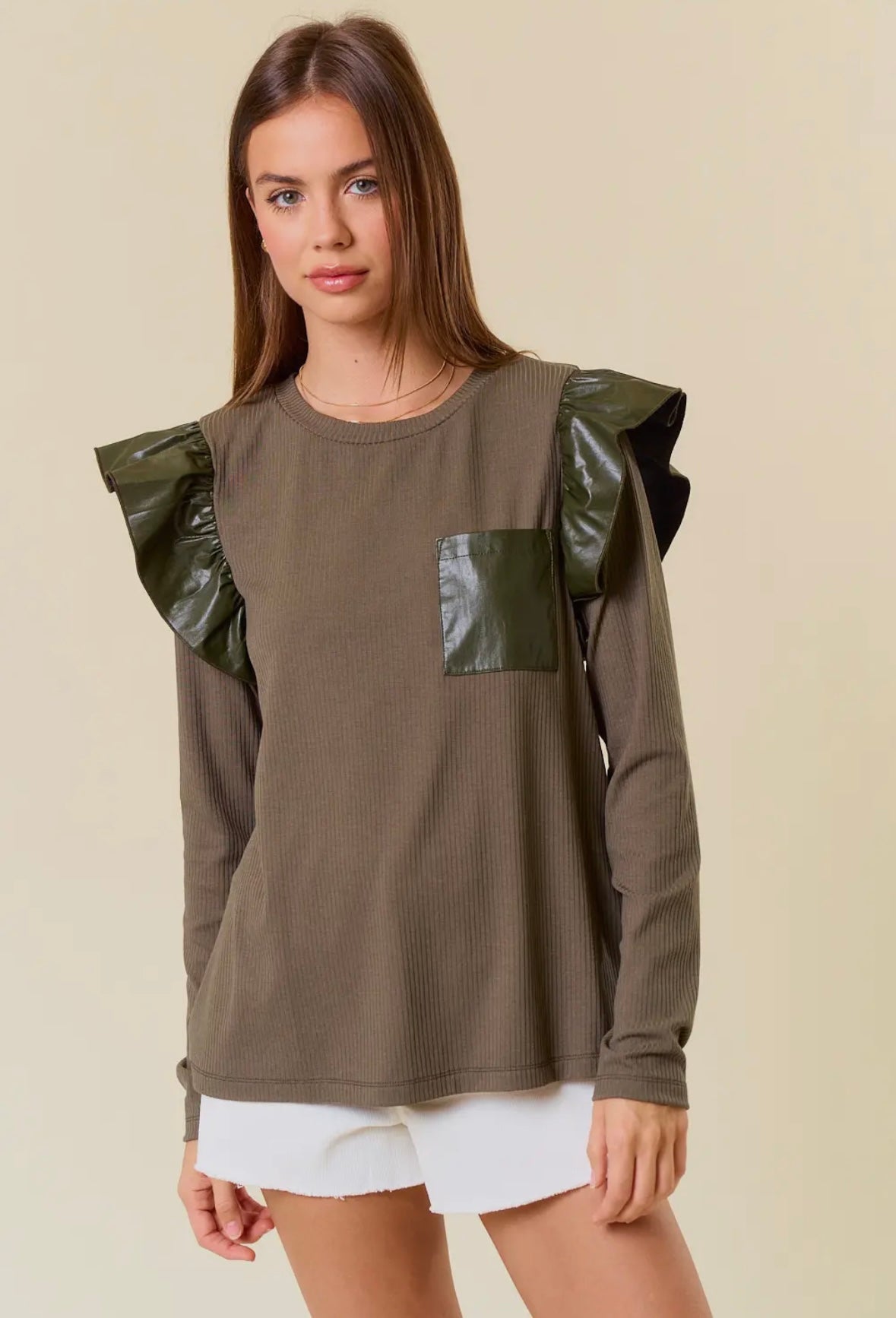 ROUND NECK RUFFLED LONG SLEEVE TOP