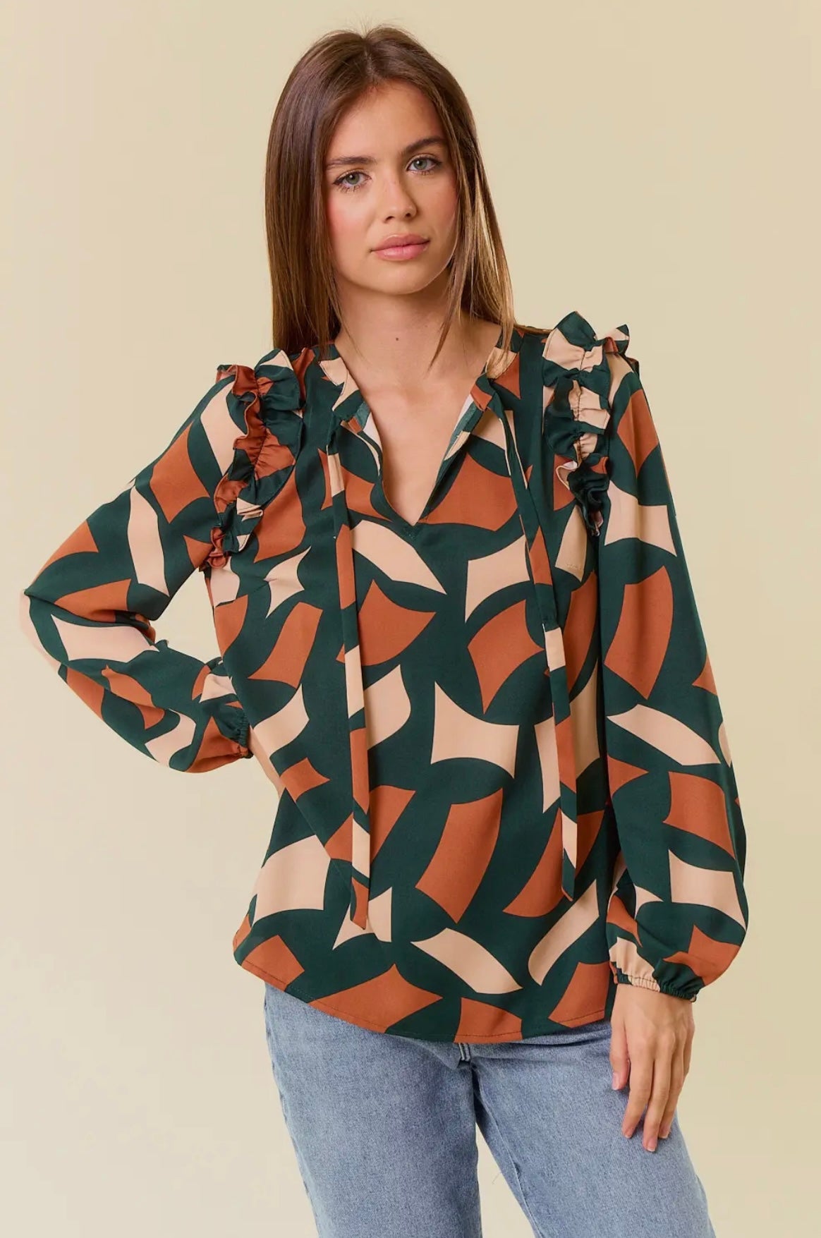 ABSTRACT PRINT TIE NECK RUFFLE TRIMMED LONG SLEEVE BLOUSE