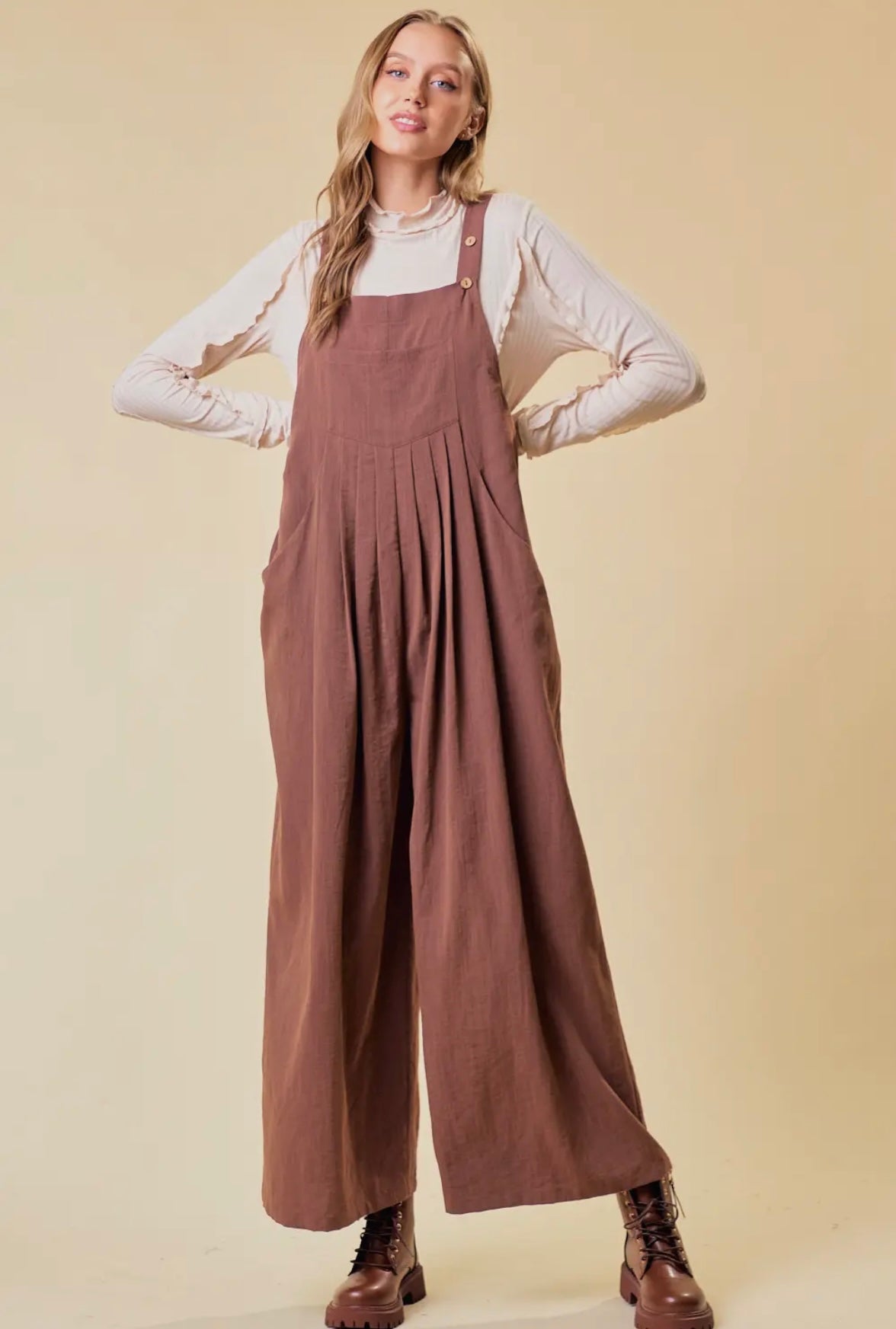 Button strap pocket wide leg overalls