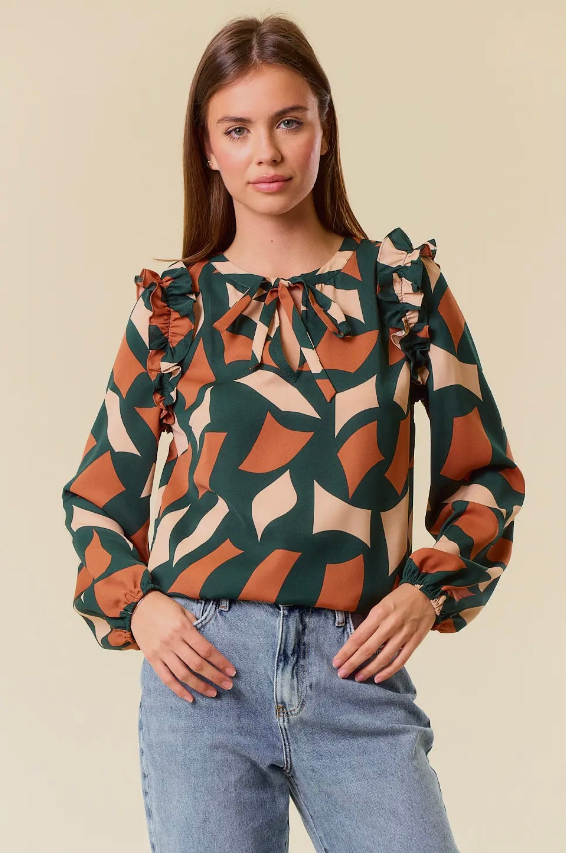 ABSTRACT PRINT TIE NECK RUFFLE TRIMMED LONG SLEEVE BLOUSE