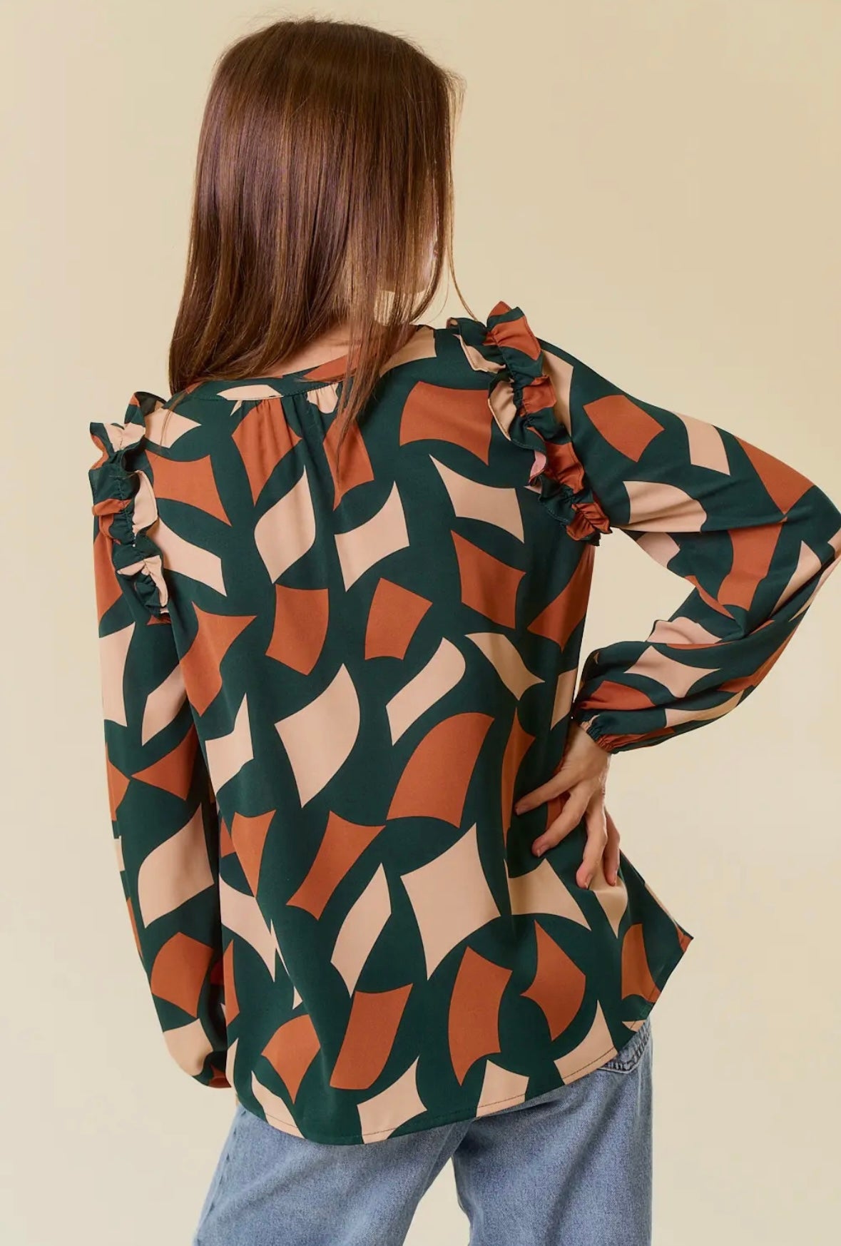 ABSTRACT PRINT TIE NECK RUFFLE TRIMMED LONG SLEEVE BLOUSE