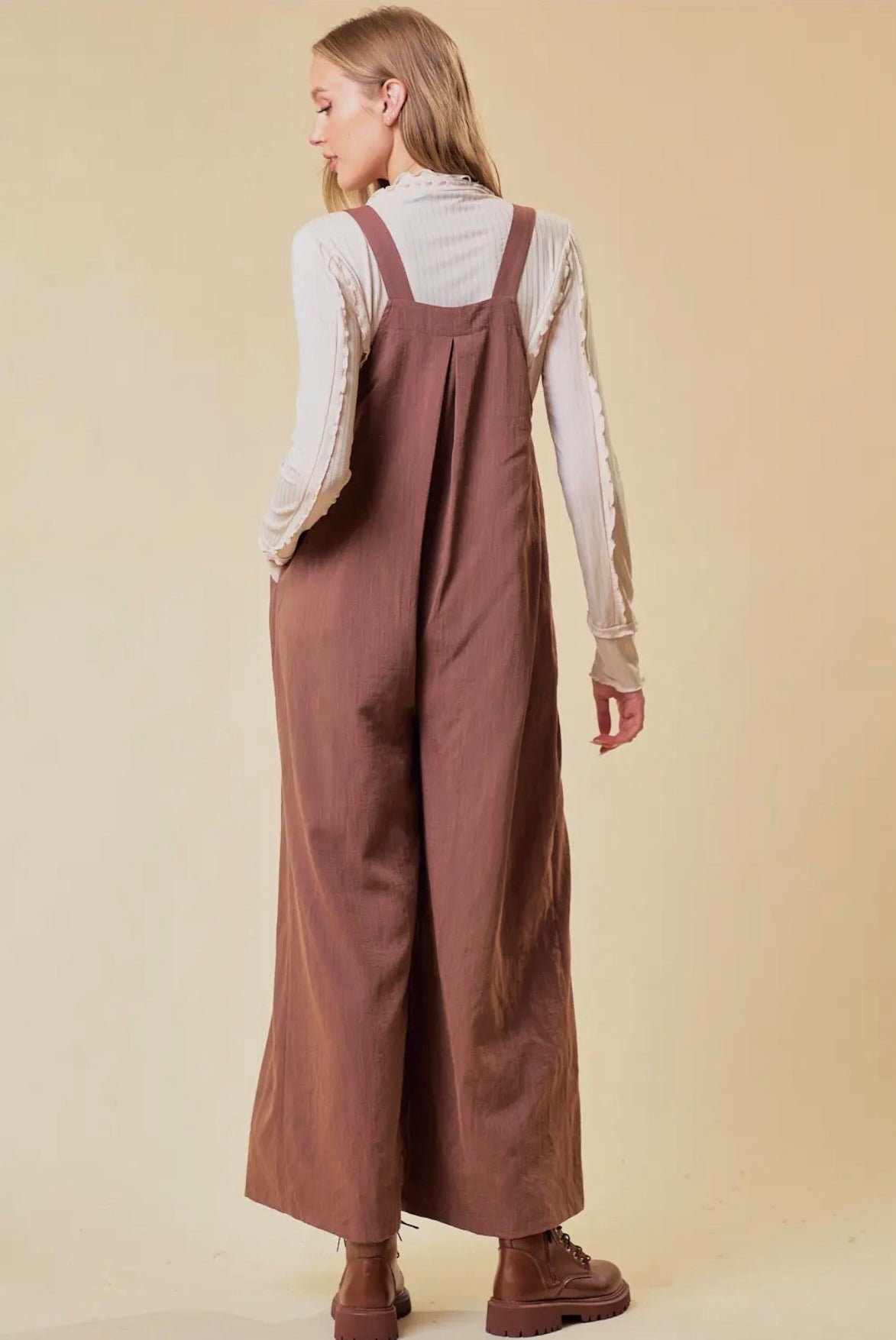 Button strap pocket wide leg overalls