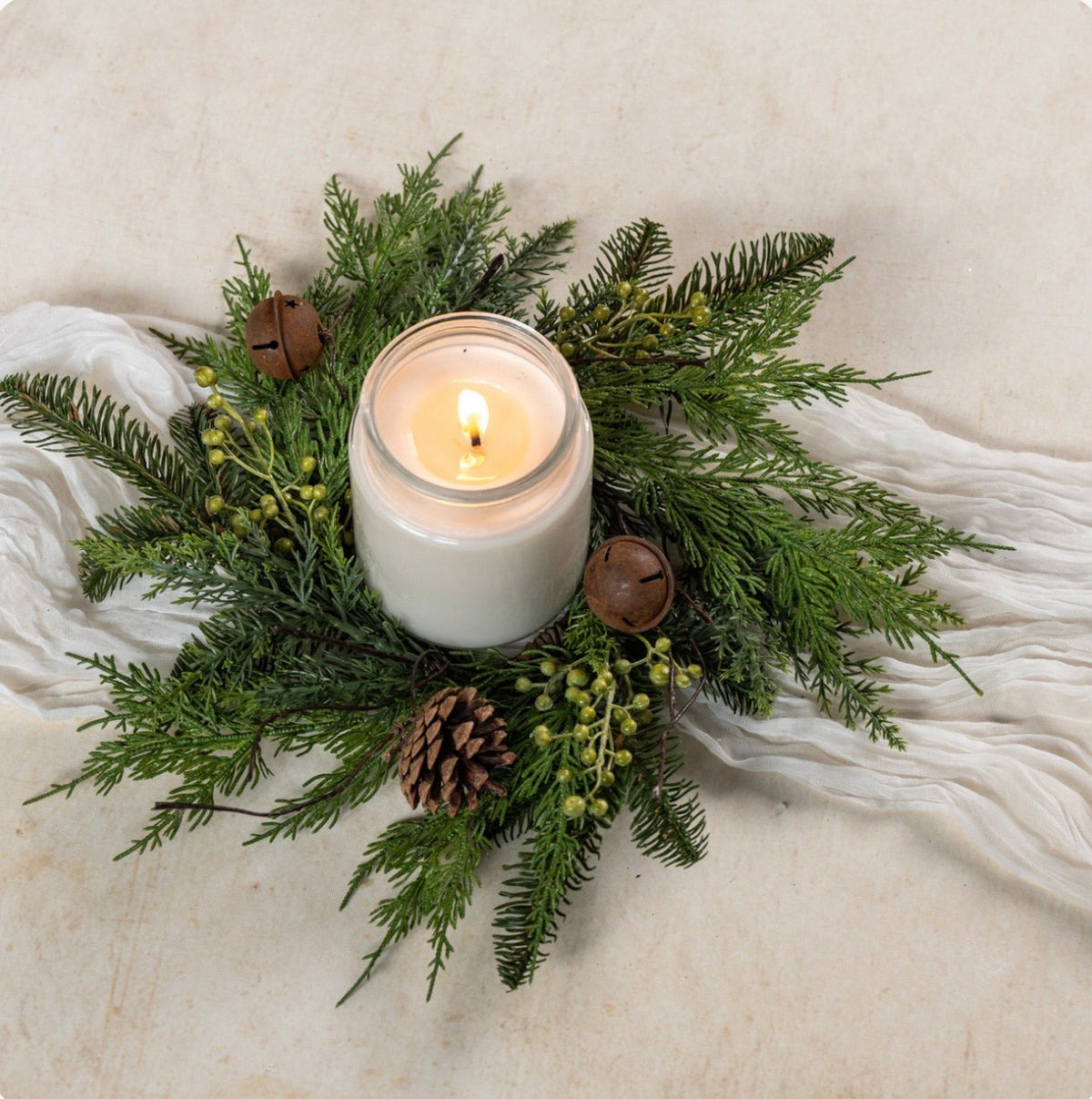 14" Soft Touch Pine + Cedar with Bells Candle Wreath