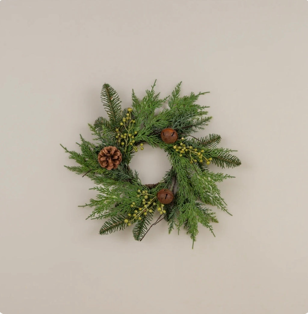 14" Soft Touch Pine + Cedar with Bells Candle Wreath