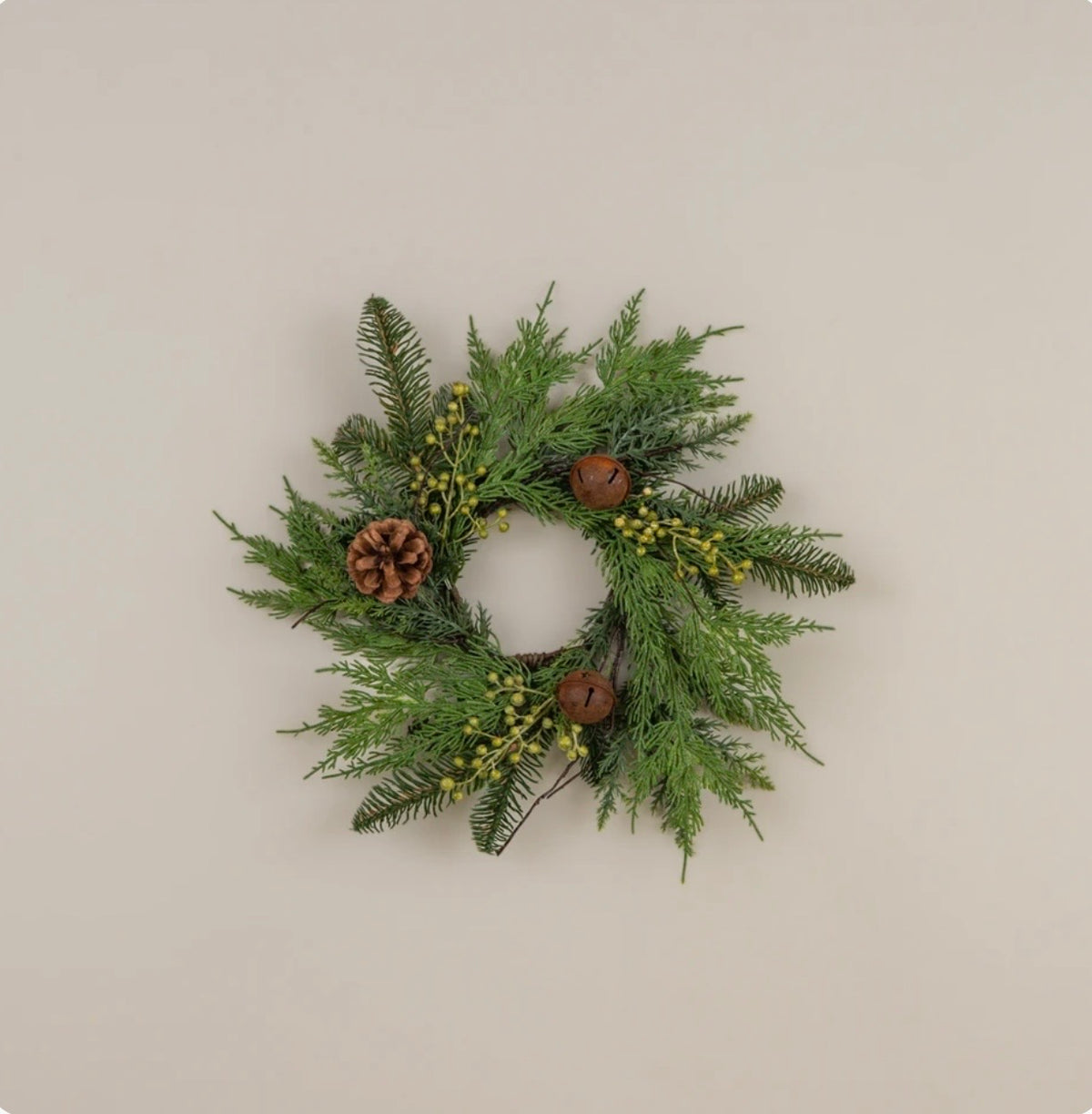 14" Soft Touch Pine + Cedar with Bells Candle Wreath