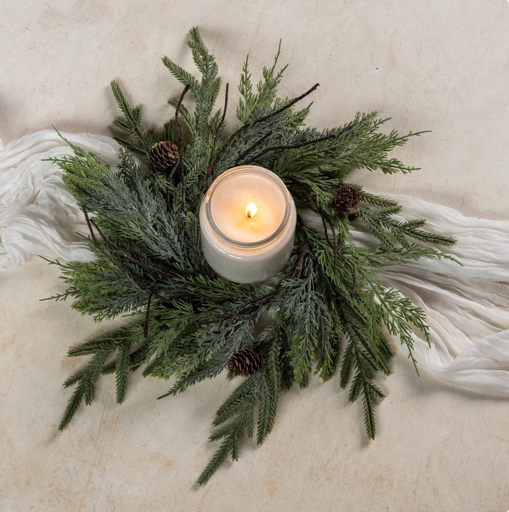 16" JUNIPER, PINE & FAUX TWIG CANDLE RING