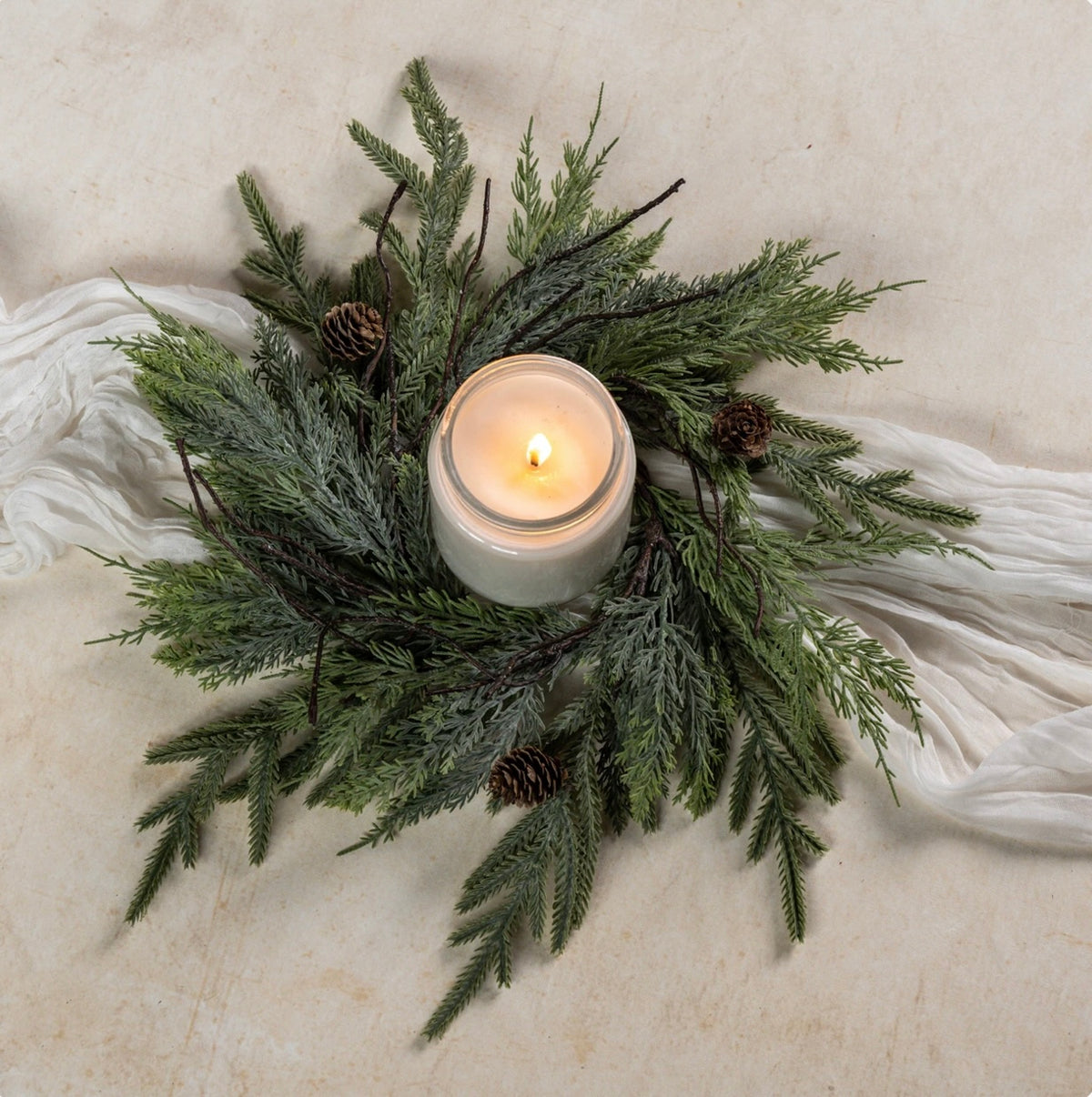 16" JUNIPER, PINE & FAUX TWIG CANDLE RING