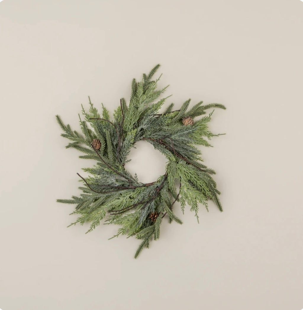 16" JUNIPER, PINE & FAUX TWIG CANDLE RING