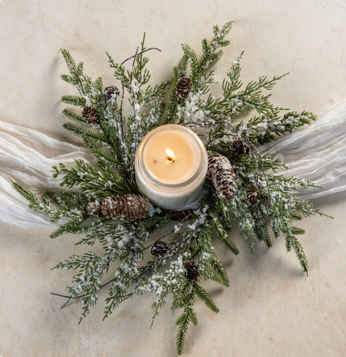 16" SNOWY PINE W/ BRONZE BELLS & PINECONES CANDLE RING