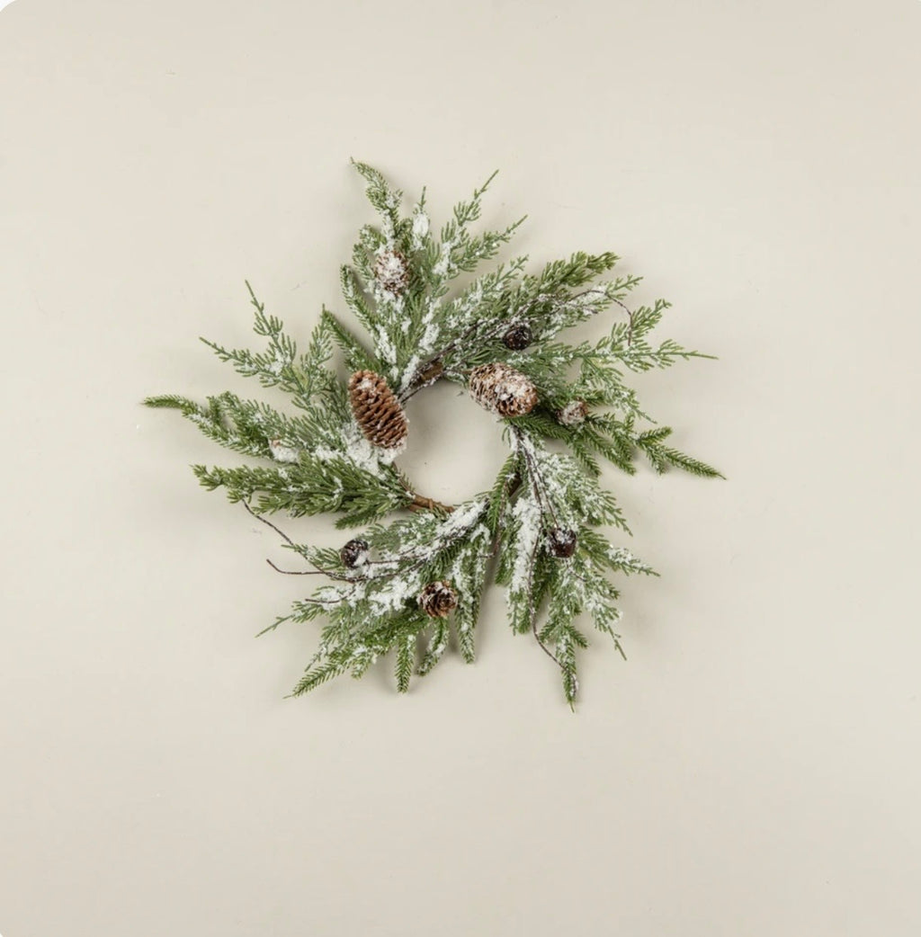 16" SNOWY PINE W/ BRONZE BELLS & PINECONES CANDLE RING