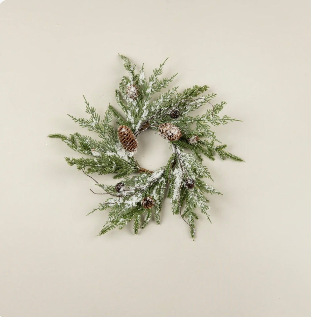 16" SNOWY PINE W/ BRONZE BELLS & PINECONES CANDLE RING