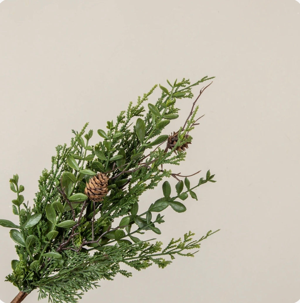 17" CYPRESS & RUSCUS LEAF W/ PINECONE PICK
