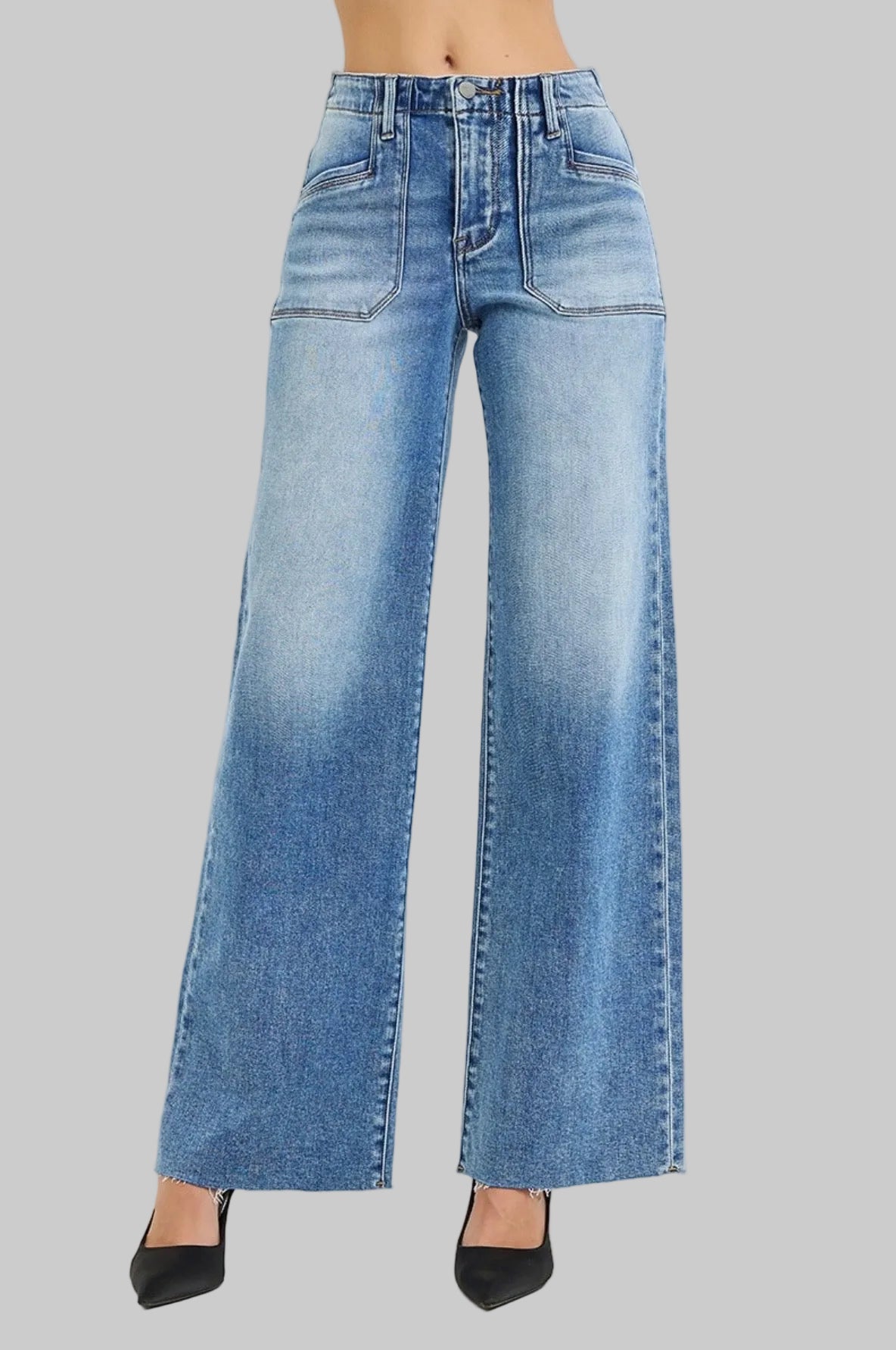 Risen High Rise Wide Leg Patch Pocket Jeans