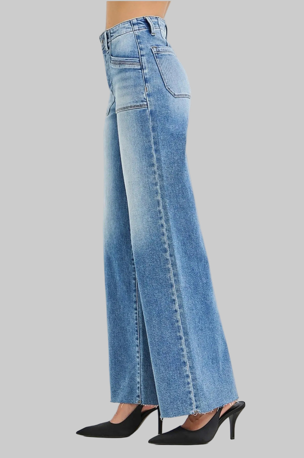 Risen High Rise Wide Leg Patch Pocket Jeans