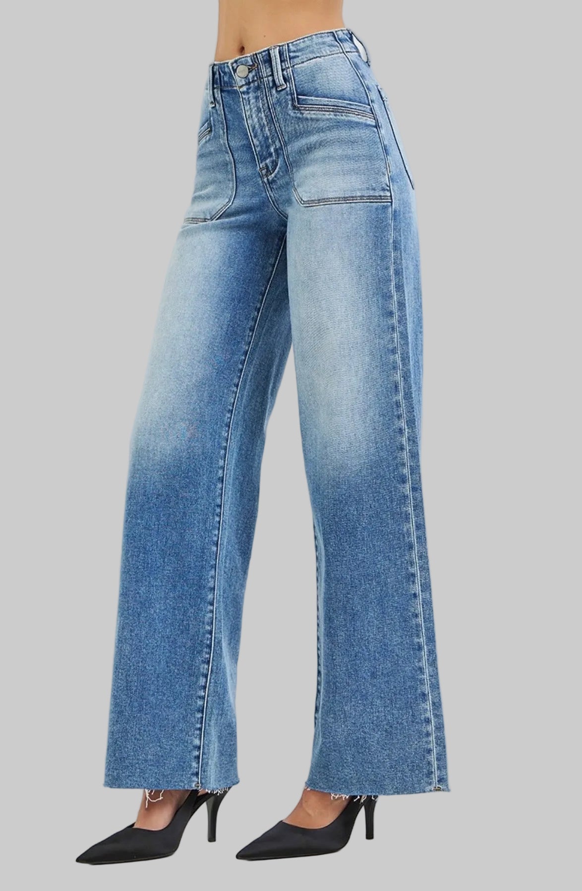 Risen High Rise Wide Leg Patch Pocket Jeans
