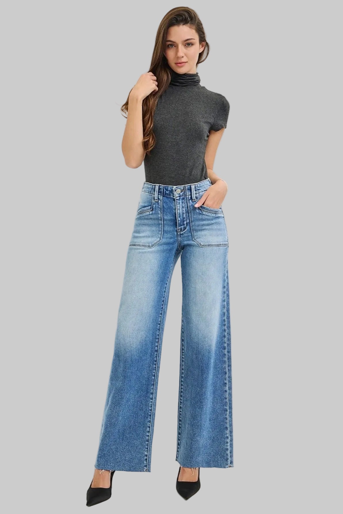 Risen High Rise Wide Leg Patch Pocket Jeans