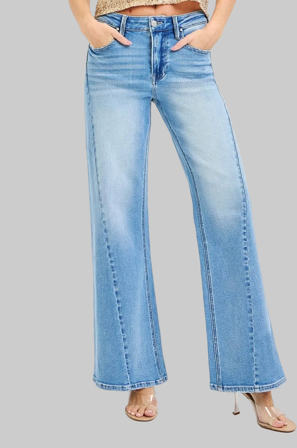 Risen High Rise Wide Leg Curved Seam Jeans
