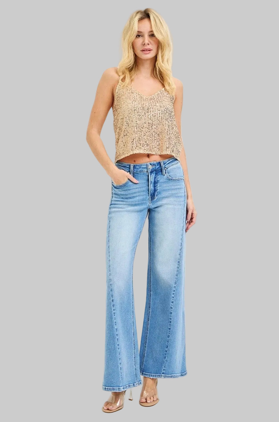 Risen High Rise Wide Leg Curved Seam Jeans