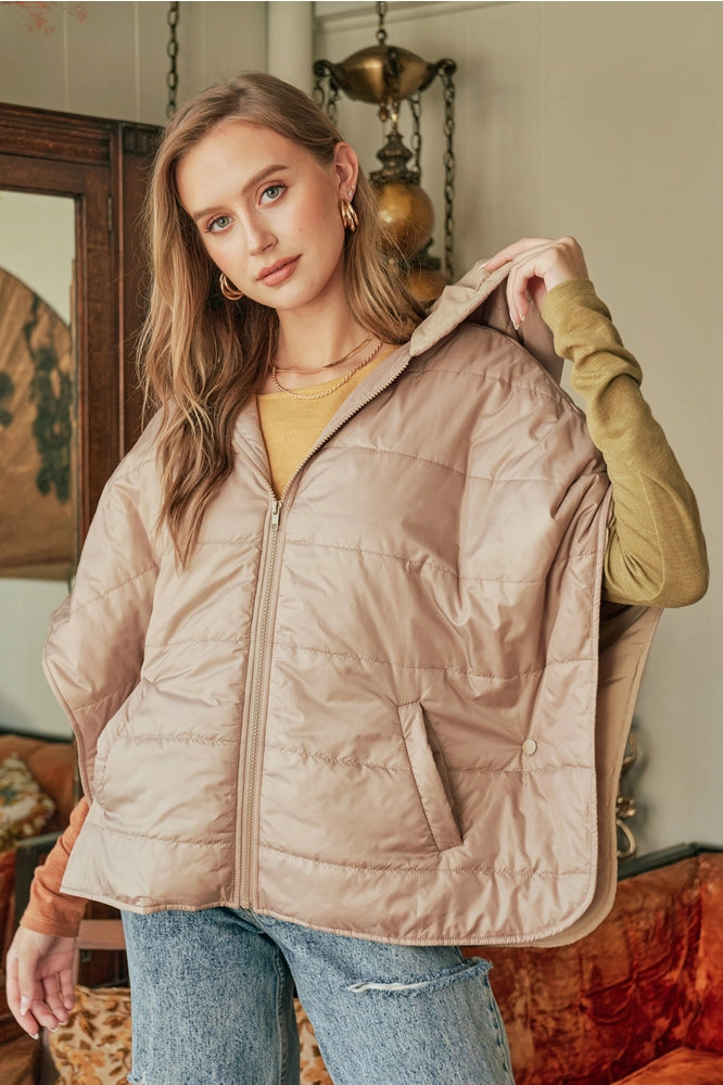 Zip-Up Puffer Cape with Hood and Pocket