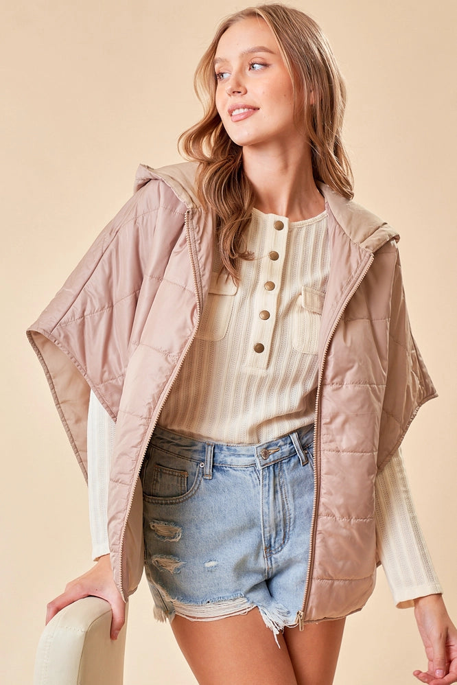 Zip-Up Puffer Cape with Hood and Pocket