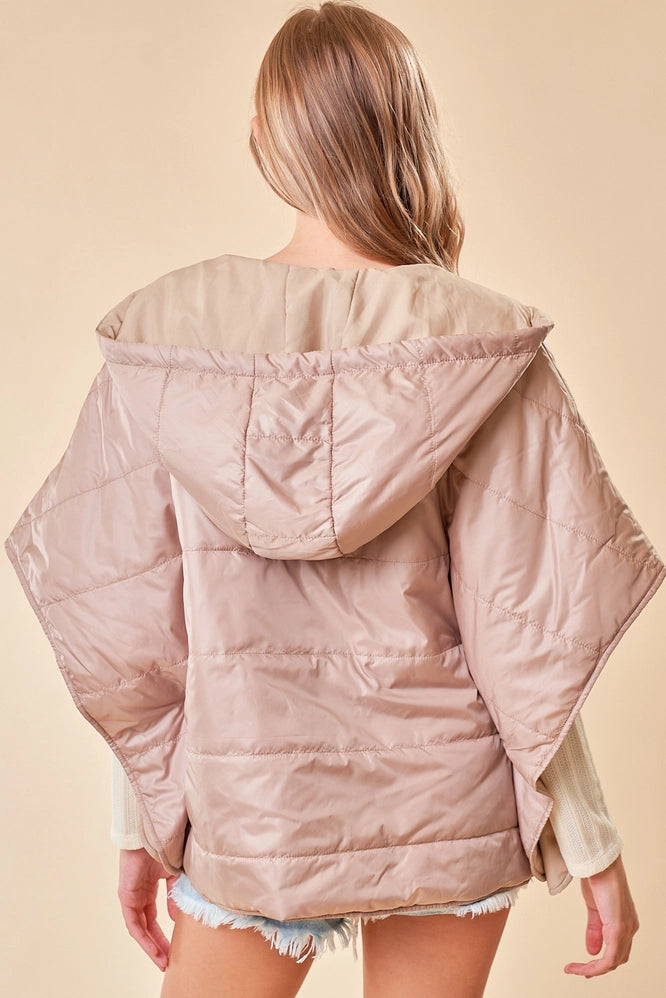 Zip-Up Puffer Cape with Hood and Pocket