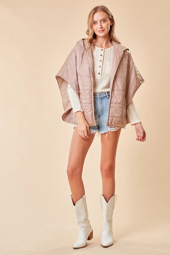 Zip-Up Puffer Cape with Hood and Pocket