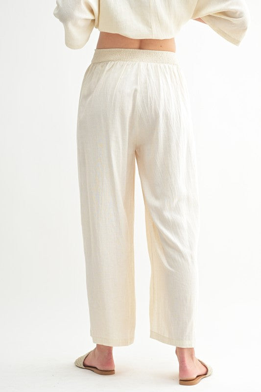 Smocked waist linen pant