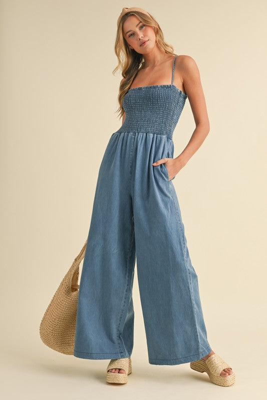 Smocked Top Sleeveless Denim Jumpsuit