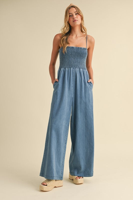 Smocked Top Sleeveless Denim Jumpsuit