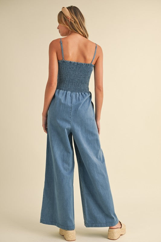Smocked Top Sleeveless Denim Jumpsuit